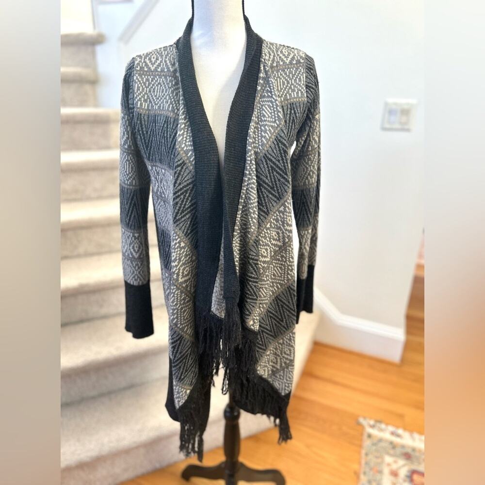 Berretti Wool Blend Grey Toned Tribal Print Fringed Cardigan